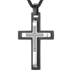 COI Titanium Black Silver Cross Pendant With White/Black Cubic Zirconia-7687AA