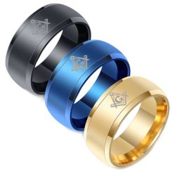 **COI Titanium Black/Gold Tone/Blue Masonic Freemason Beveled Edges Ring-7705AA