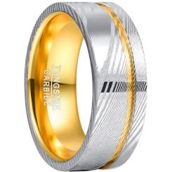 **COI Tungsten Carbide Gold Tone Silver Offset Groove Damascus Pipe Cut Flat Ring-7726AA