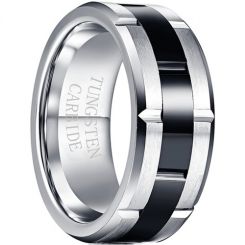 **COI Tungsten Carbide Black Silver Tire Tread Ring-7792BB
