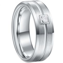 **COI Tungsten Carbide Center Groove Beveled Edges Ring With 0.30ct Genuine Diamond-7830AA