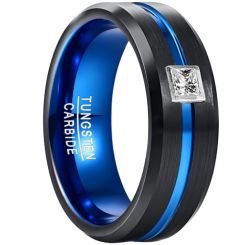 **COI Tungsten Carbide Black Blue Center Groove Beveled Edges Ring With 0.30ct Genuine Diamond-7831AA