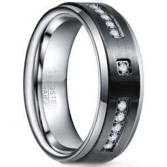 **COI Tungsten Carbide Black Silver Step Edges Ring With Cubic Zirconia-7862AA