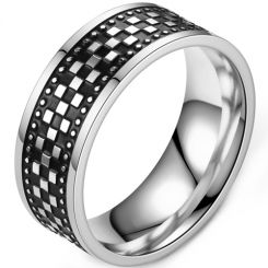 **COI Titanium Black Silver Checkered Flag Pipe Cut Flat Ring-7889AA