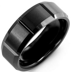 **COI Black Tungsten Carbide Vertical Grooves Beveled Edges Ring-7946