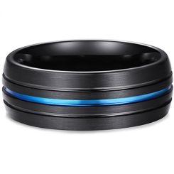**COI Tungsten Carbide Black Blue Triple Grooves Dome Court Ring-7992