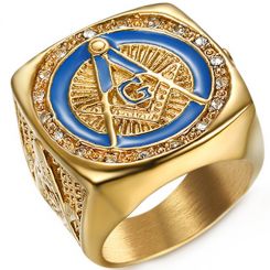 **COI Titanium Gold Tone Blue Masonic Freemason Ring-8005