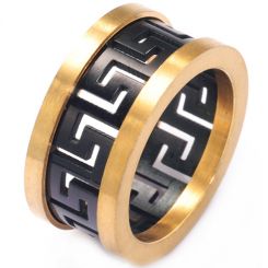 **COI Titanium Black Gold Tone Great Wall Greek Key Pattern Ring-8014
