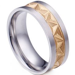 **COI Titanium Gold Tone Silver Double Grooves Faceted Ring-8033
