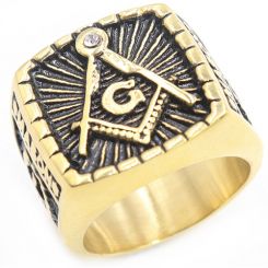**COI Titanium Black Gold Tone Masonic Freemason Ring-8062