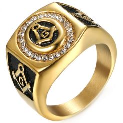 **COI Titanium Black Gold Tone Masonic Freemason Ring With Cubic Zirconia-8063