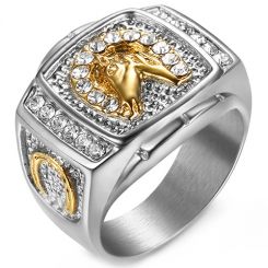 **COI Titanium Gold Tone Silver Horse Head Ring With Cubic Zirconia-8066