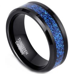 **COI Black Tungsten Carbide Blue Meteorite Beveled Edges Ring-8087