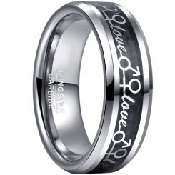 **COI Tungsten Carbide Black Carbon Fiber Love Beveled Edges Ring-8091