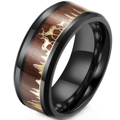 **COI Black Titanium Gold Tone Deer & Forest Scenery Beveled Edges Ring With Wood-8112