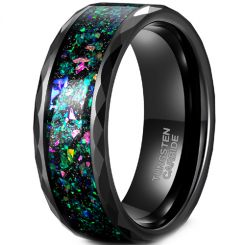 **COI Black Tungsten Carbide Crushed Opal Faceted Ring-8208