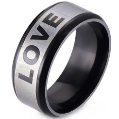 **COI Tungsten Carbide Black Silver Love Beveled Edges Ring-8268