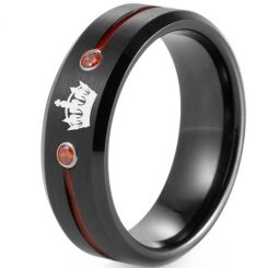 **COI Tungsten Carbide Black Red Center Groove King Crown Ring With Created Red Ruby-8286