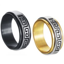 **COI Titanium Black/Gold Tone Silver Greek Key Pattern Step Edges Ring-8292
