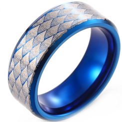 **COI Tungsten Carbide Silver/Blue Silver Checkered Flag Sandblasted Beveled Edges Ring-8304