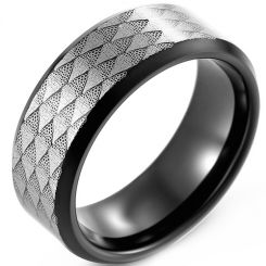**COI Tungsten Carbide Black Silver Checkered Flag Sandblasted Beveled Edges Ring-8305