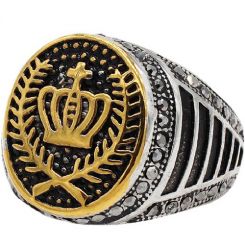 **COI Titanium Black Gold Tone Silver Crown Ring-8333