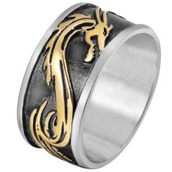**COI Titanium Black Gold Tone Silver Dragon Pipe Cut Flat Ring-8334