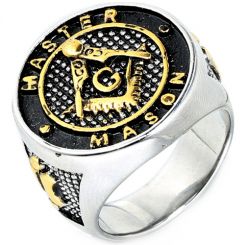 **COI Titanium Black Gold Tone/Silver Masonic Freemason Ring-8356