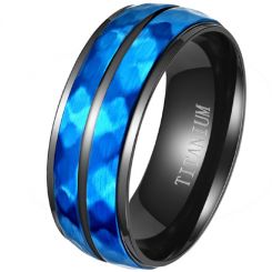 **COI Titanium Black Blue Faceted Center Groove Step Edges Ring-8363