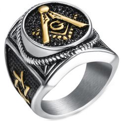 **COI Titanium Black Gold Tone Silver Masonic Freemason Ring-8400
