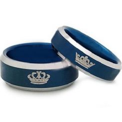 *COI Titanium Blue Silver King Queen Crown Beveled Edge Ring-4041