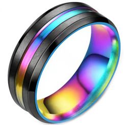 *COI Black Tungsten Carbide Rainbow Pride Center Groove Ring-1414