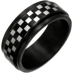 *COI Black Tungsten Carbide Checkered Flag Step Edges Ring-TG1902