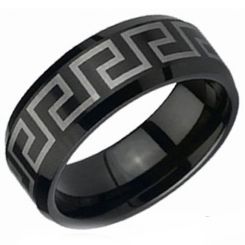 COI Black Tungsten Carbide Greek Key Beveled Edges Ring-TG2090A