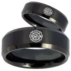 COI Black Tungsten Carbide Firefighter Beveled Edges Ring-TG2771