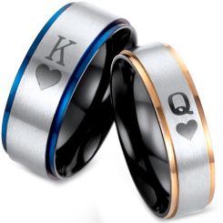 *COI Tungsten Carbide Black Blue/Rose King Queen Heart Ring-TG2875