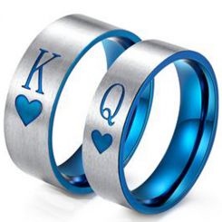 *COI Titanium Blue Silver King Queen Heart Pipe Cut Ring-3428
