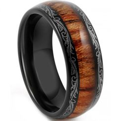 COI Black Tungsten Carbide Damascus Wood Dome Ring-TG4198