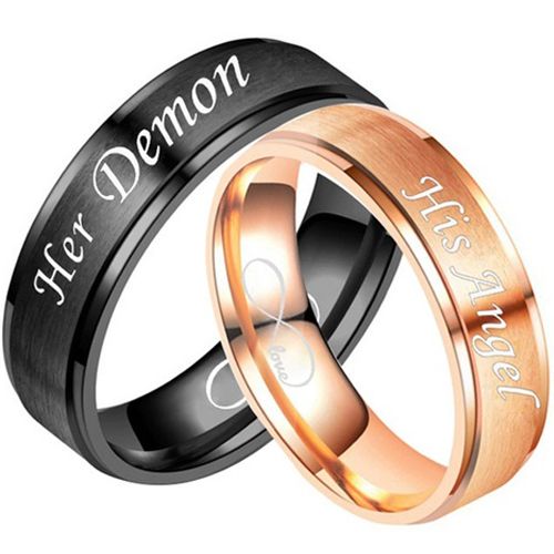Waterig val Smash COI Tungsten Carbide Her Demon/His Angel Step Edges Ring-5335