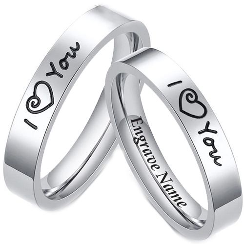 COI Tungsten Carbide I Love You Pipe Cut Flat Ring With Custom Name Engraving-5494