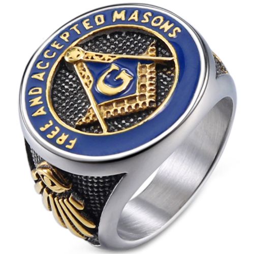 Engel oprejst Seletøj COI Titanium Black Blue Gold Tone Masonic Freemason Ring-5998