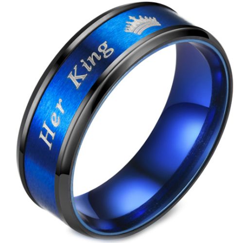 **COI Titanium Black Blue Her King & Crown Beveled Edges Ring-6941BB