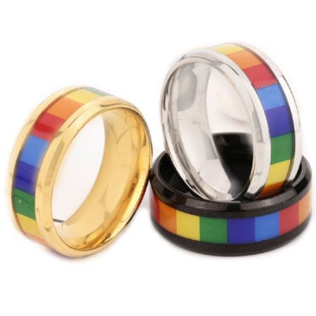 **COI Gold Tone/Black/Silver Titanium Rainbow Pride Beveled Edges Ring-7164AA