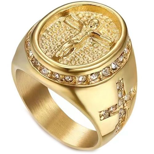 Decoratie Psychiatrie Uitmaken COI Gold Tone Titanium Jesus Cross Ring With Cubic Zirconia-7915AA